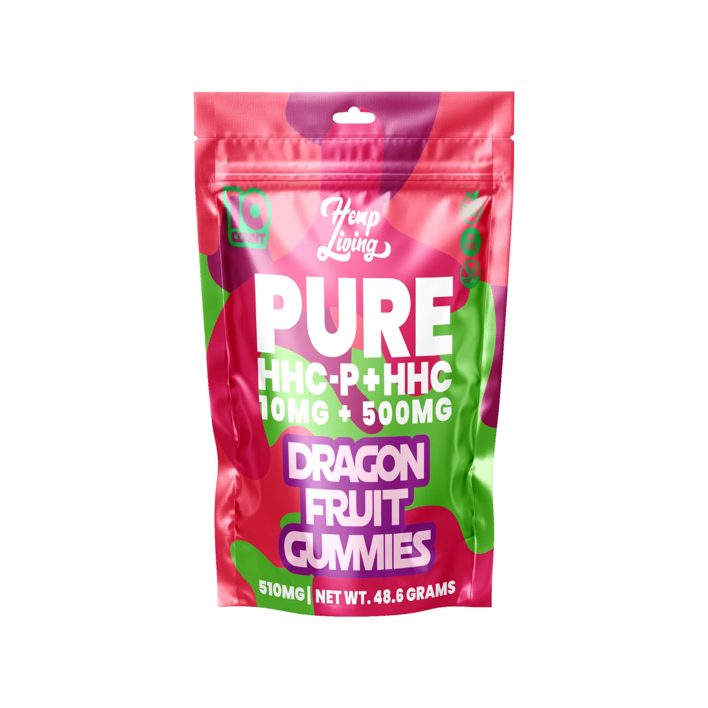 Hemp Living - HHC-P / HHC PURE Gummies - 10ct Pouch - 10mg HHC-P + 500mg HHC - Dragon Fruit