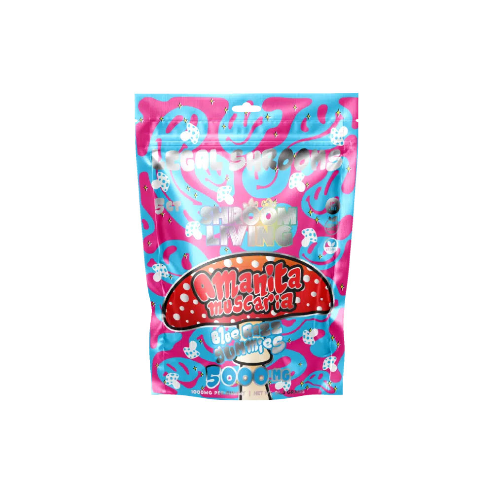 Shroom Living - Pure Amanita Muscaria Gummies - 5ct Pouch - 5000mg Amanita Muscaria - Blue Razz