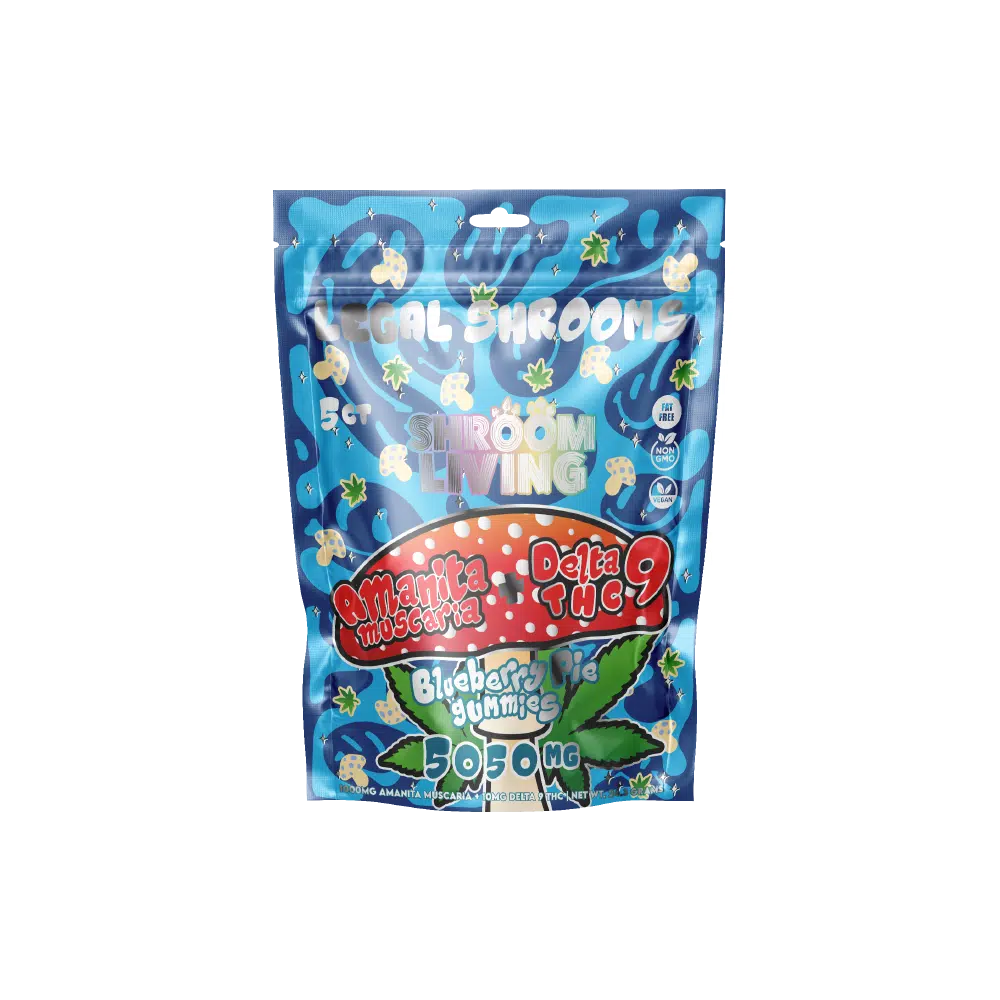 Shroom Living – Delta 9 Amanita Muscaria Gummies – 5ct Pouch – 5050mg Amanita Muscaria + D9 – Blueberry Pie