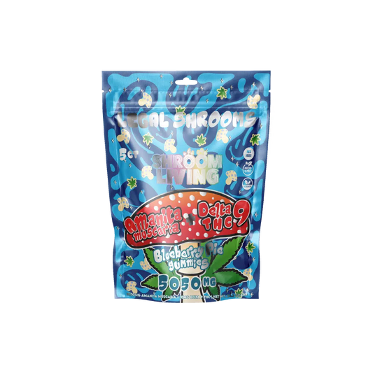 Shroom Living – Delta 9 Amanita Muscaria Gummies – 5ct Pouch – 5050mg Amanita Muscaria + D9 – Blueberry Pie